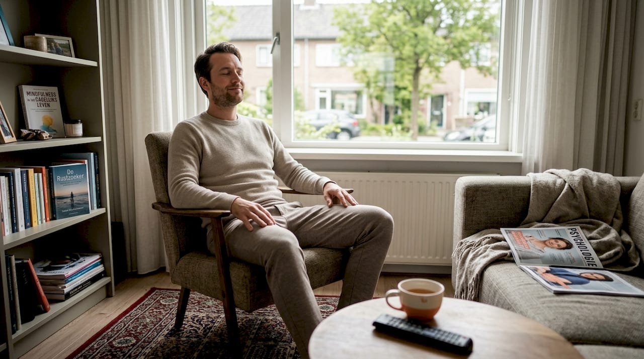 Man doet ademhalingsoefeningen in zijn knusse woonkamer