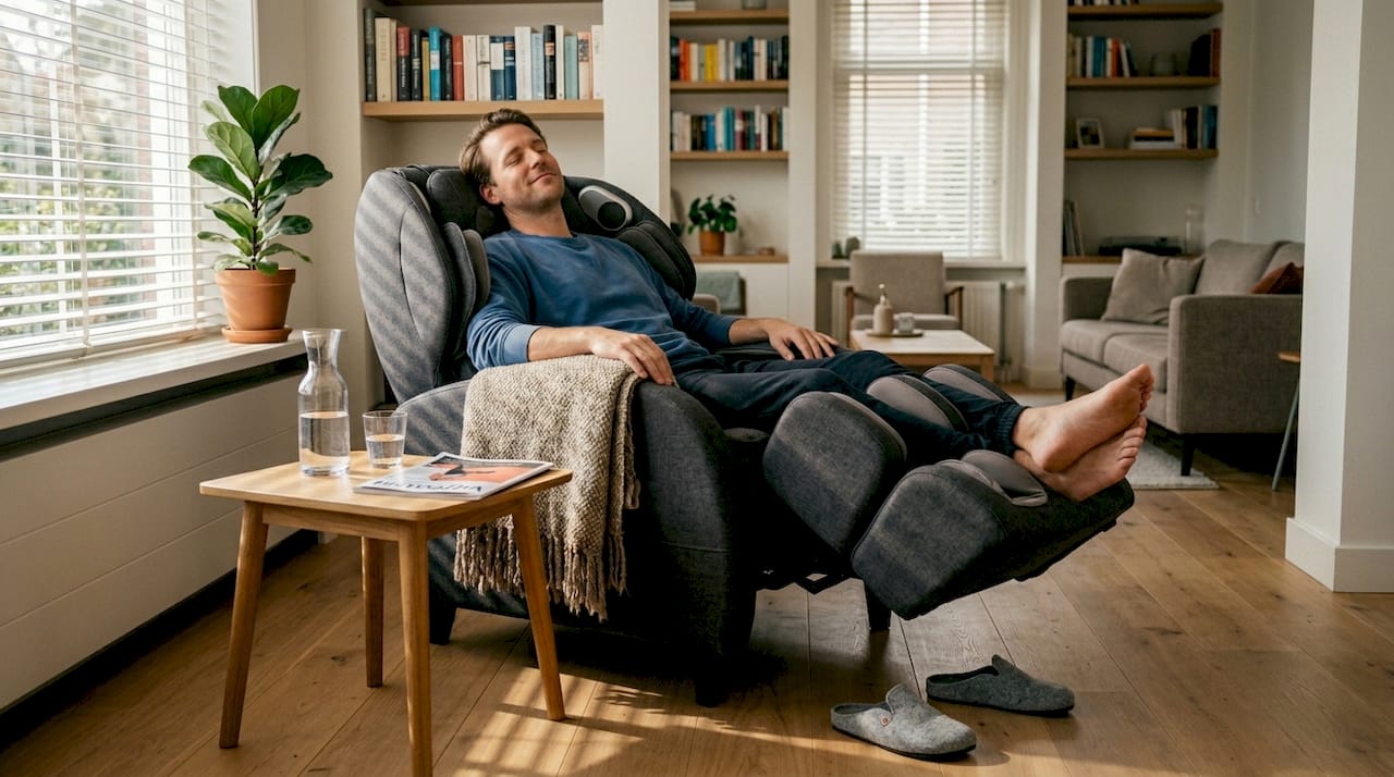 Een man ontspant tijdens een heerlijke massage in zijn eigen huis.