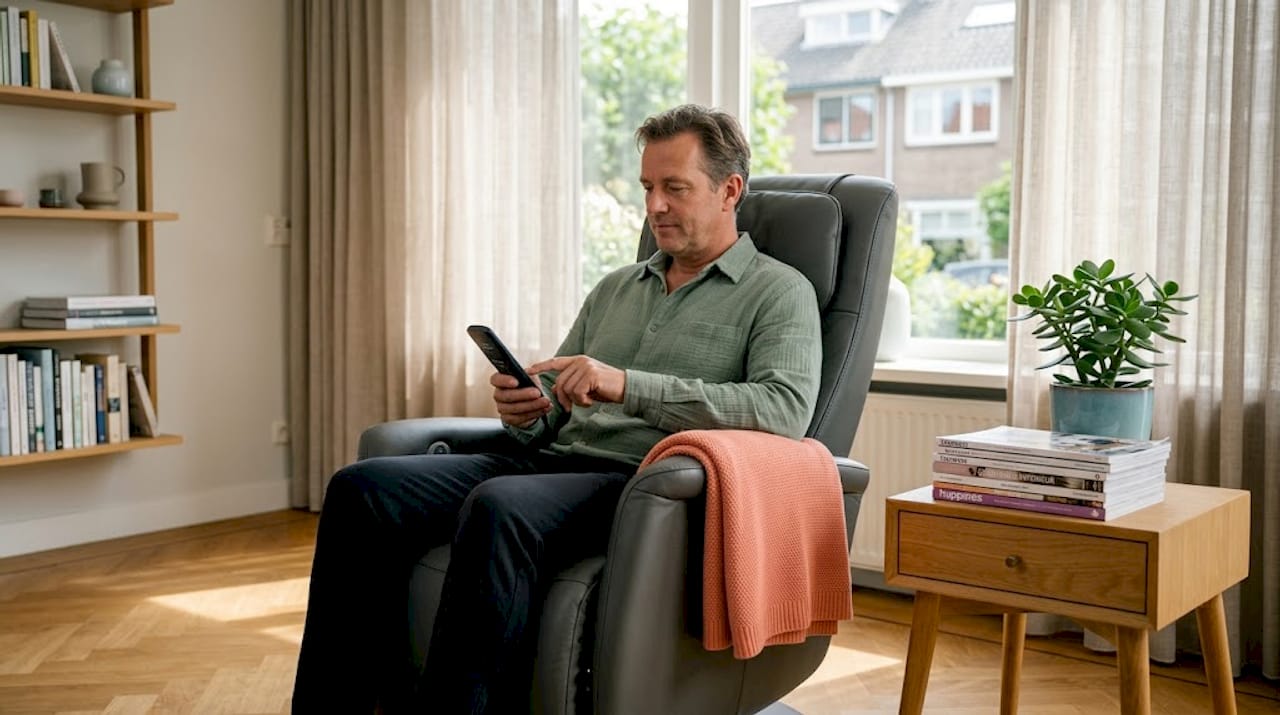 Een man zit thuis ontspannen in zijn massage stoel en kiest via het bedieningspaneel het gewenste programma.