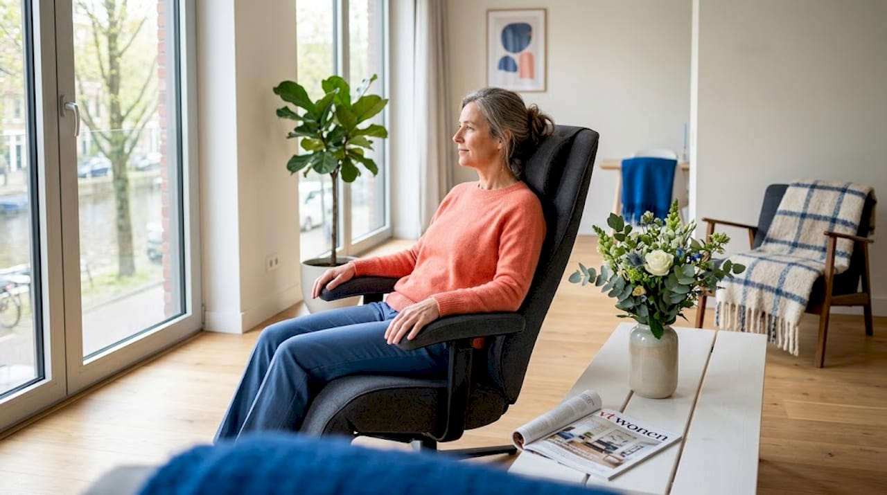 Een vrouw geniet ’s ochtends van een ontspannen moment in een massagestoel.