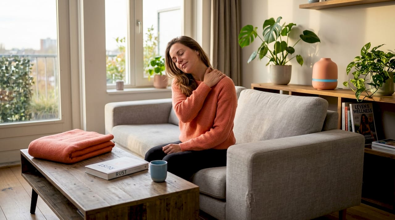 Een vrouw masseert haar schouder terwijl ze ontspannen zit in haar knusse woonkamer.