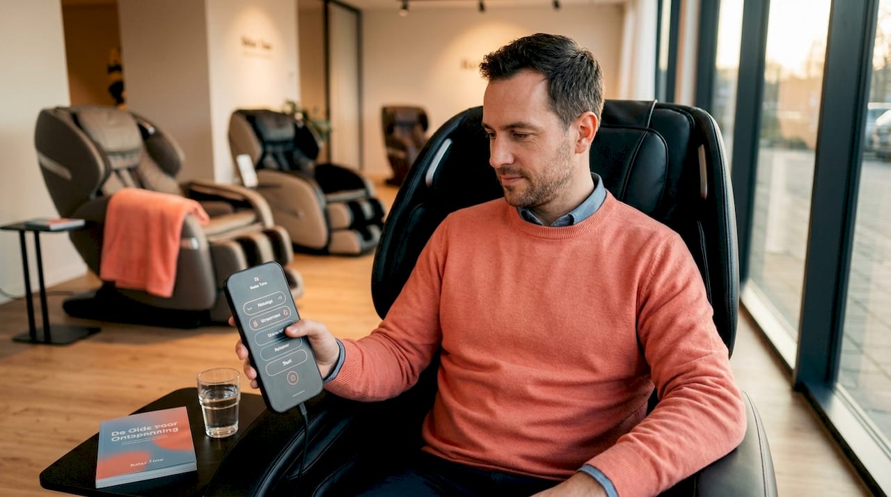 Een klant probeert een massagestoel uit in onze showroom.