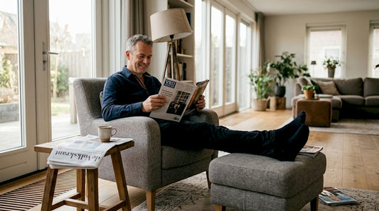 Man zit relaxed in zijn favoriete stoel te lezen in de woonkamer.