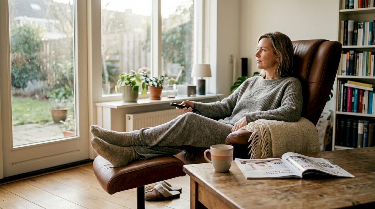 Een vrouw geniet van een rustmoment in een comfortabele massagestoel bij het raam.