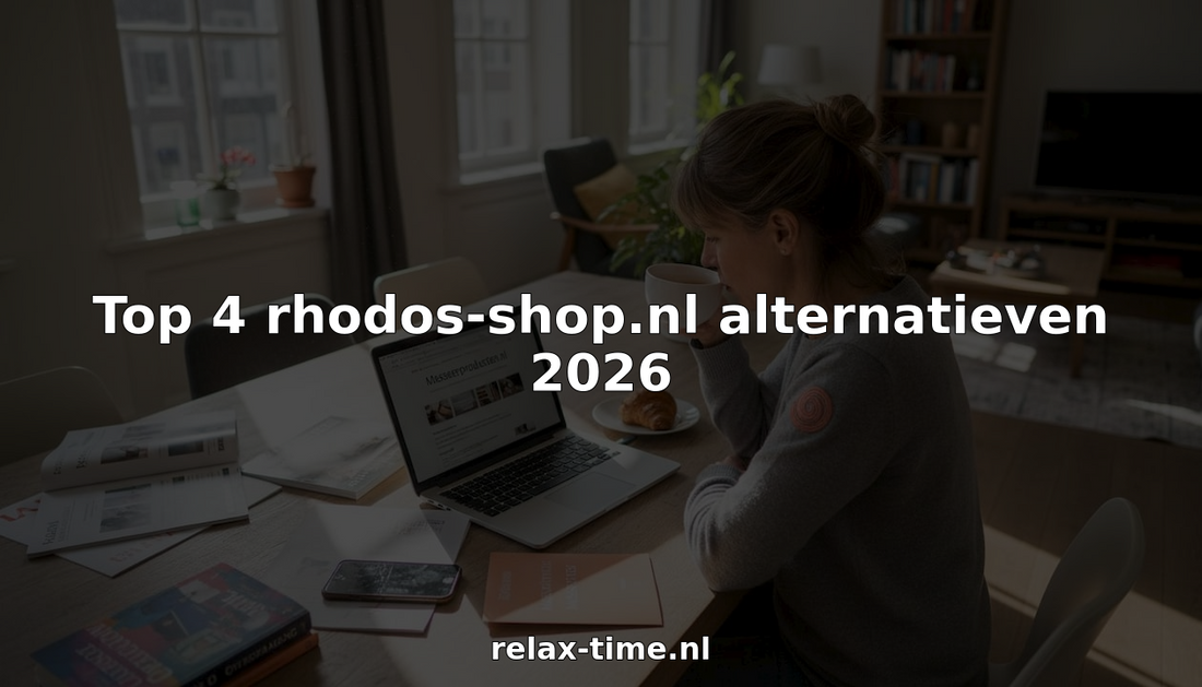 Een vrouw bekijkt en vergelijkt verschillende massagestoelen online terwijl ze aan haar thuiswerkplek zit.
