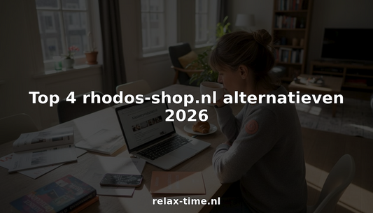 Een vrouw bekijkt en vergelijkt verschillende massagestoelen online terwijl ze aan haar thuiswerkplek zit.