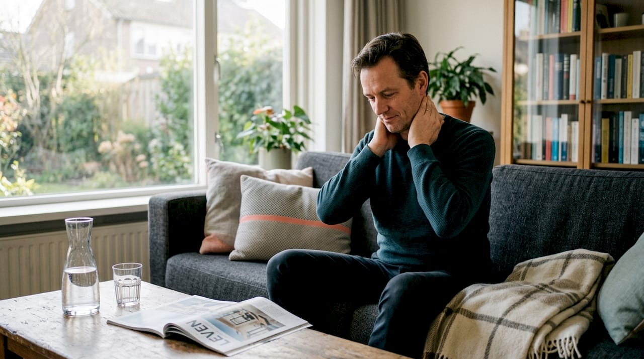 Man masseert zijn eigen nek terwijl hij ’s ochtends op de bank zit