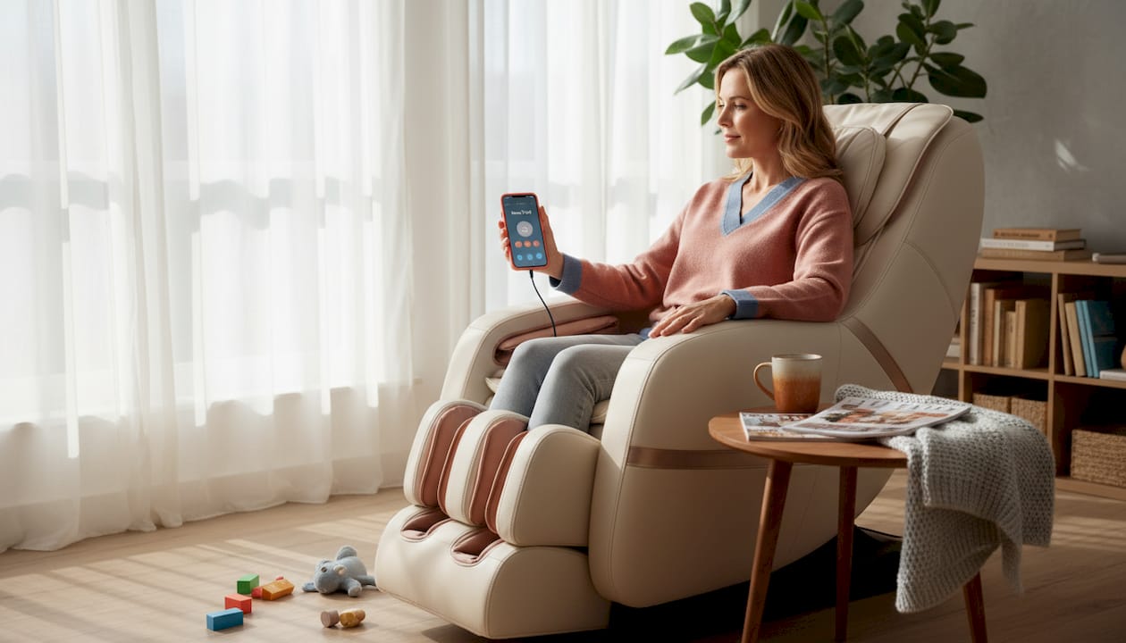 Vrouw verbindt haar telefoon via Bluetooth met de massagestoel