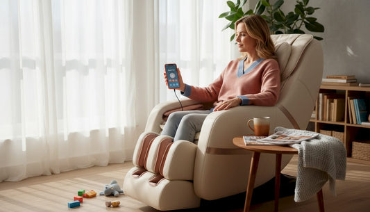 Vrouw verbindt haar telefoon via Bluetooth met de massagestoel