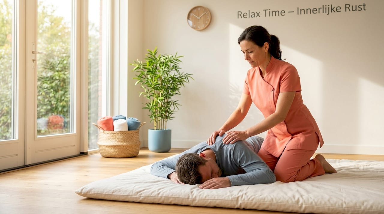 Een shiatsu-therapeut aan het werk in zijn praktijkruimte, waar hij cliënten behandelt.
