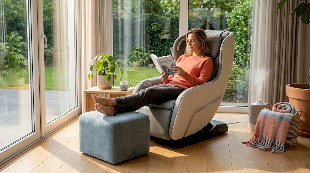 Vrouw geniet van een moment rust in een stijlvolle wellnessruimte