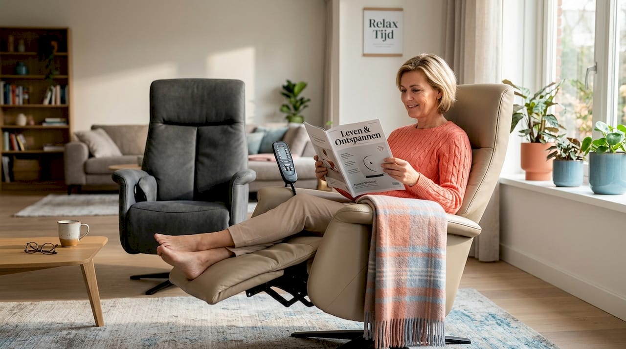 Vrouw zit ontspannen in een relaxstoel, vlak naast een massagestoel.