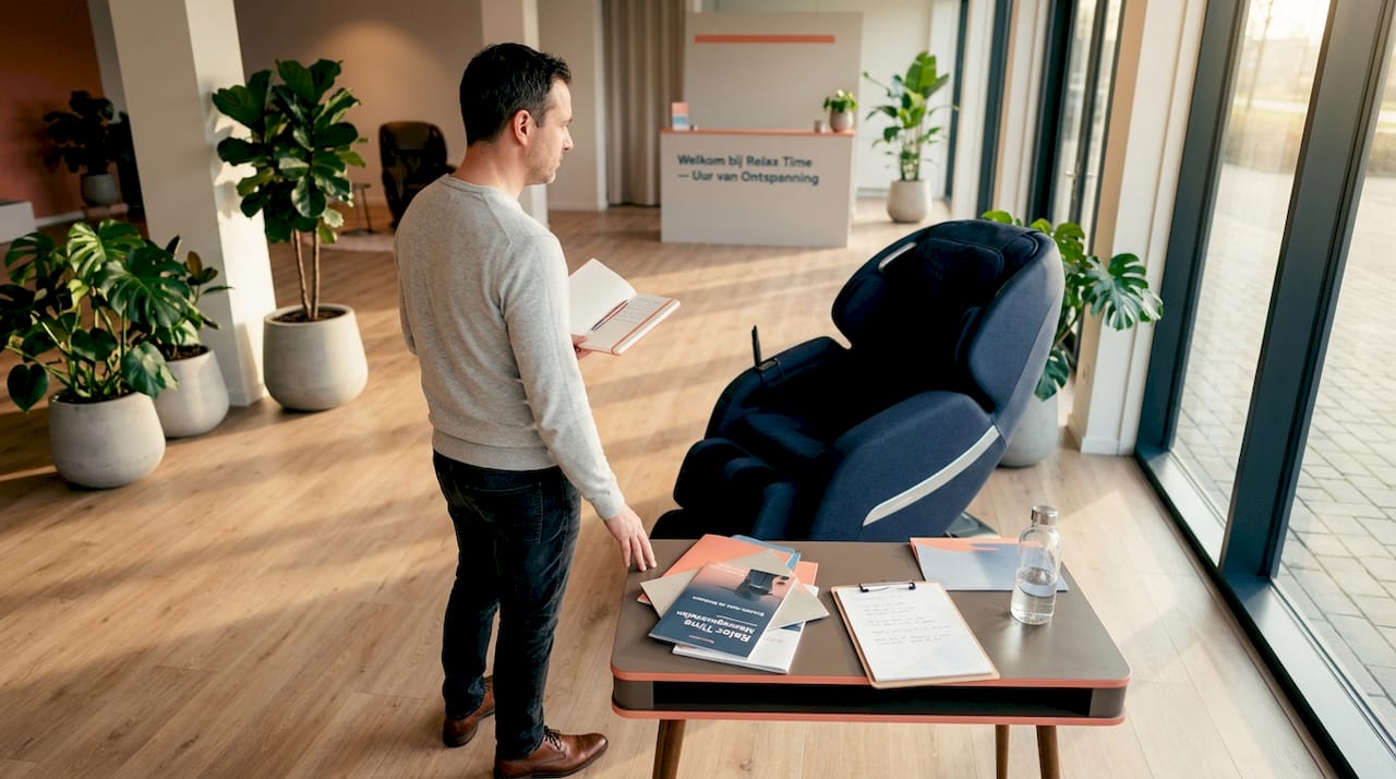 Man maakt zich klaar voor een bezoek aan de showroom om een massagestoel uit te proberen.