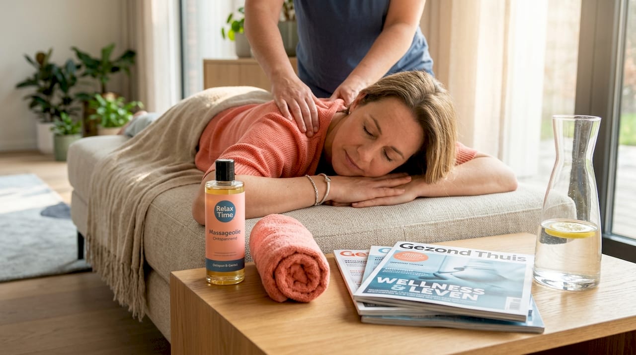 Een vrouw geniet van een ontspannende rugmassage in een zonnige woonkamer.