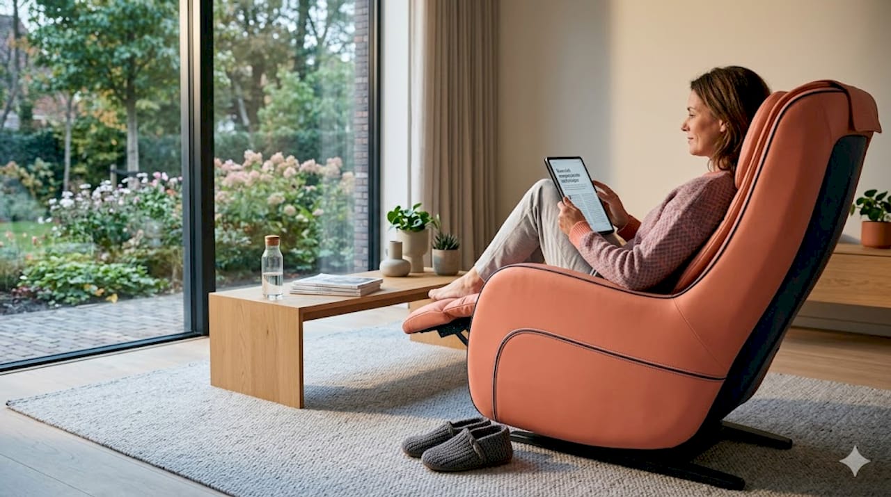 Een vrouw geniet ontspannen van een luxe massagestoel.