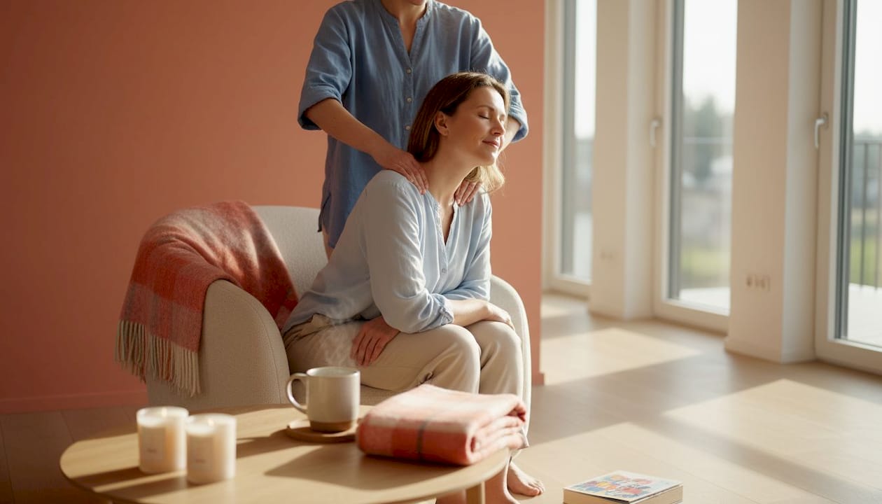 In een lichte, zonnige woonkamer geniet een vrouw van een ontspannende rugmassage.