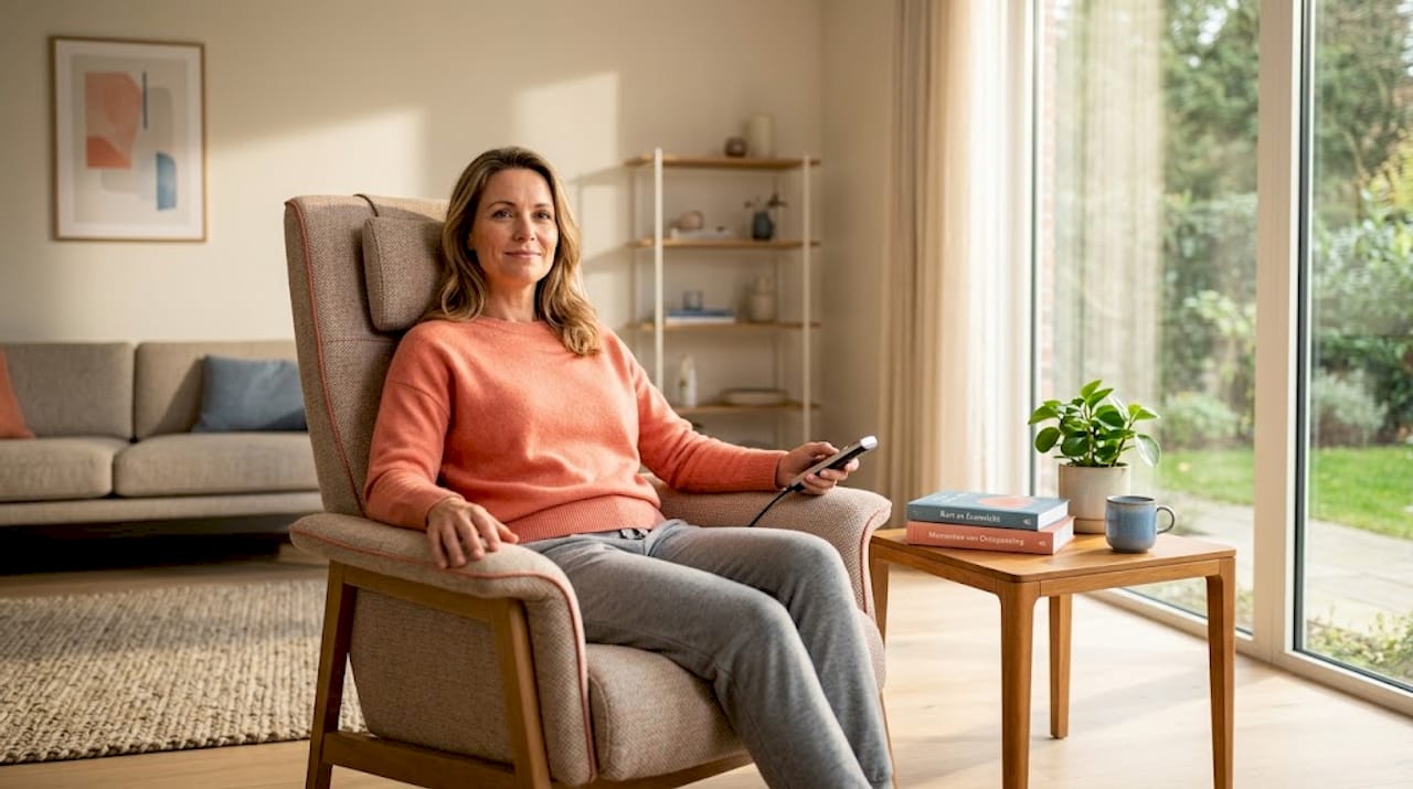 Een vrouw staat in de woonkamer te twijfelen over welke massagestoel ze zal kiezen.