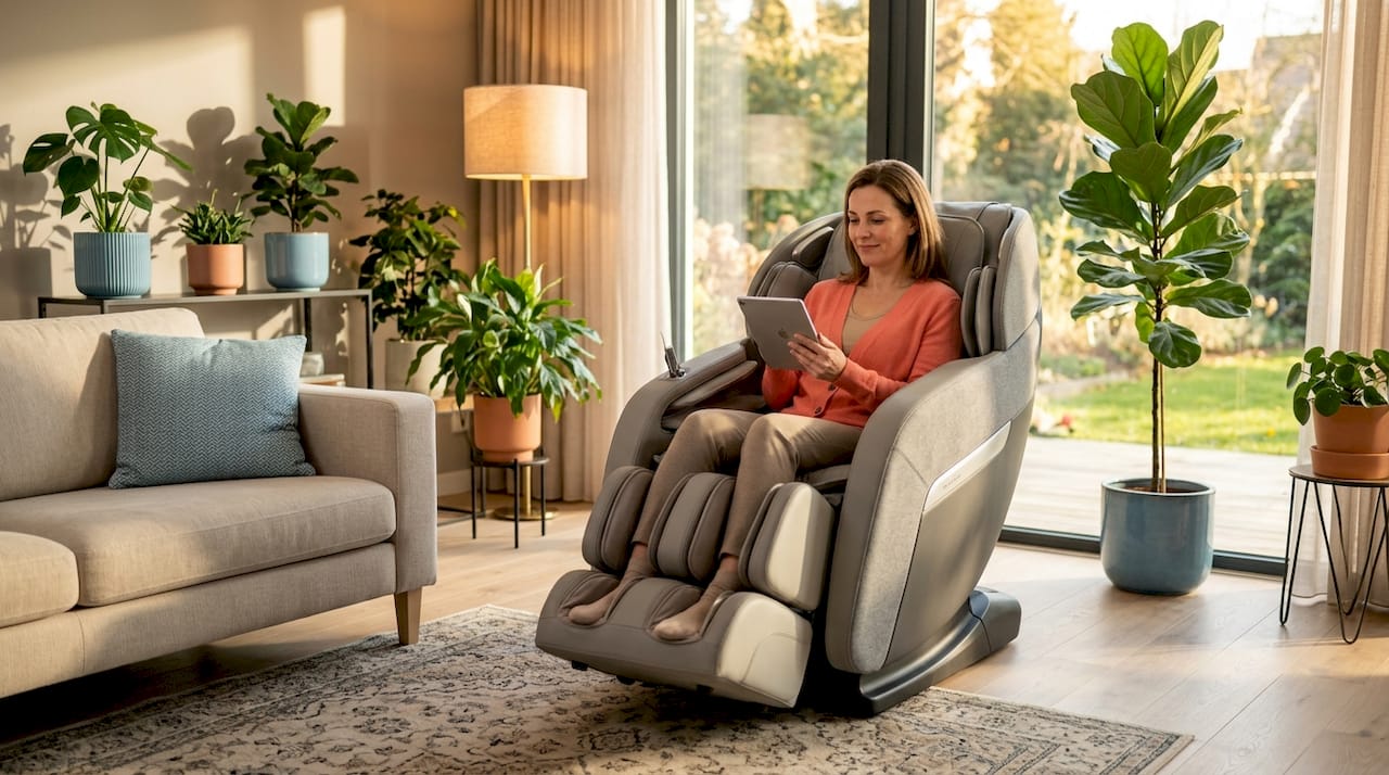 Een vrouw geniet van een ontspannend moment in een luxe massagestoel in haar stijlvolle woonkamer.