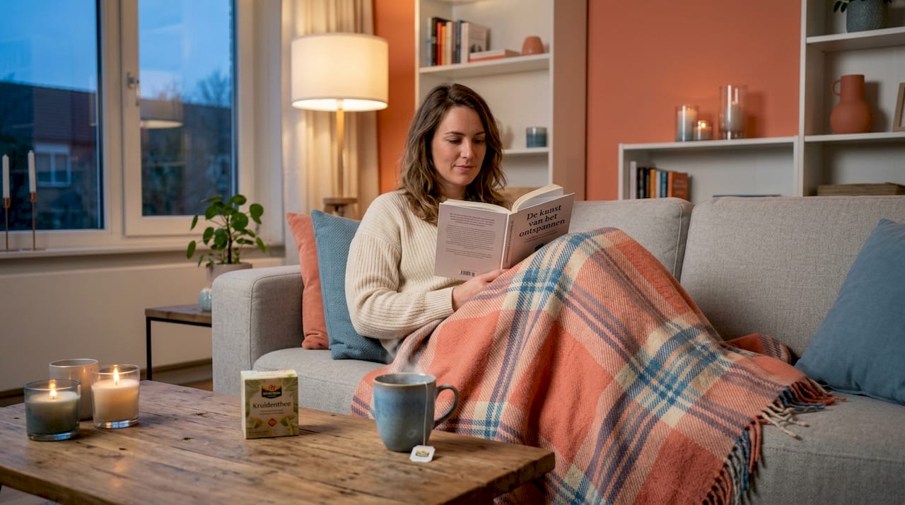 Een vrouw zit lekker relaxed op de bank in de woonkamer met een goed boek.