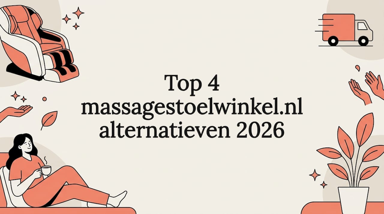 Sfeervolle illustratie in vlakke stijl met een massagestoel en wellness-iconen die samen een kader vormen rondom de titelruimte.