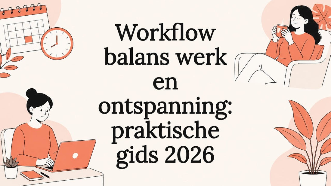 Sfeervolle titelkaart met een illustratie die werk en ontspanning combineert